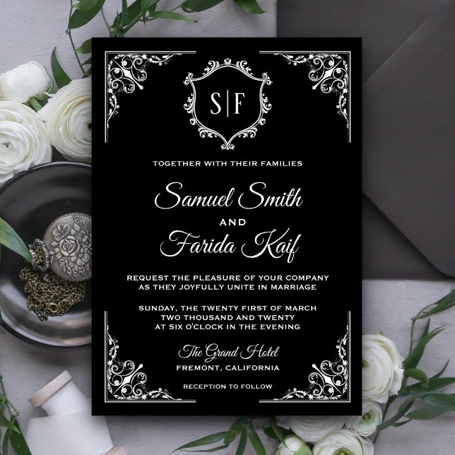Faire-part de mariage à monogramme orné noir et bl (Créateur téléchargé)