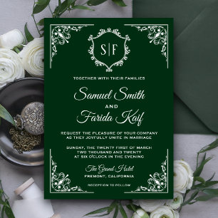 Faire-part de mariage à monogramme orné vert foncé