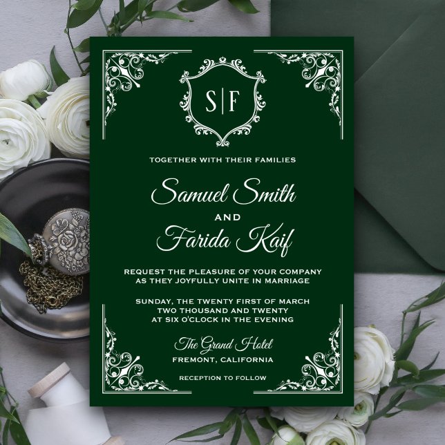 Faire-part de mariage à monogramme orné vert foncé (Créateur téléchargé)