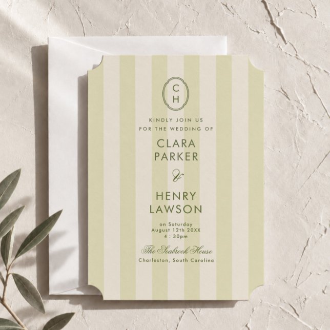 Faire-part de mariage à monogramme rayé vert olive (Créateur téléchargé)