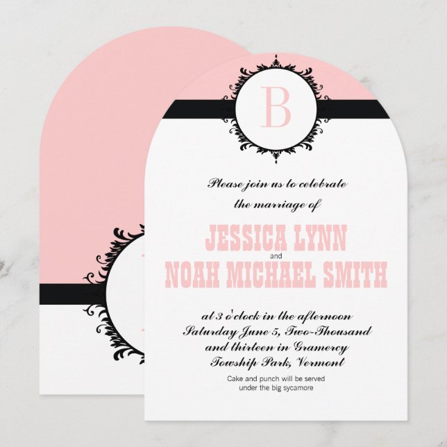 Faire-part de mariage à monogramme rose ou de n'im (Devant / Derrière)