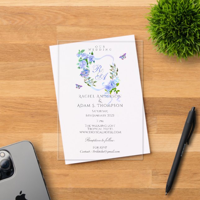 Faire-part de mariage à monogramme ruban rose bleu (Insitu (Carte d'invitation))