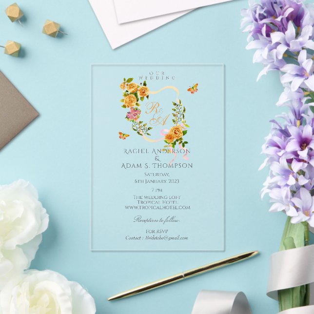 Faire-part de mariage à monogramme ruban rose or (Insitu (Mariage))