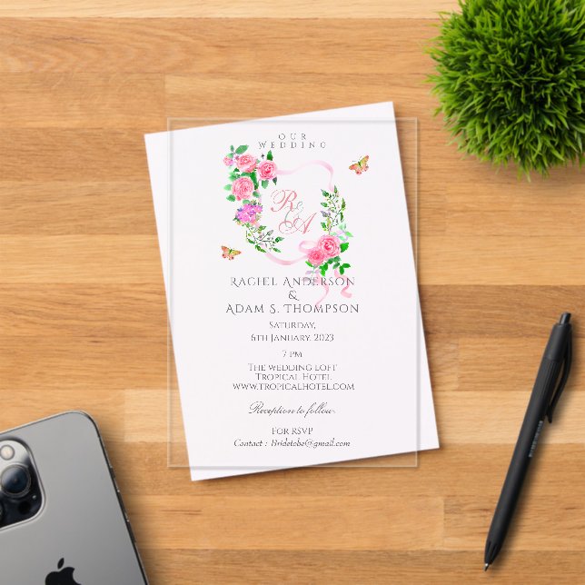 Faire-part de mariage à monogramme ruban rose rose (Insitu (Carte d'invitation))