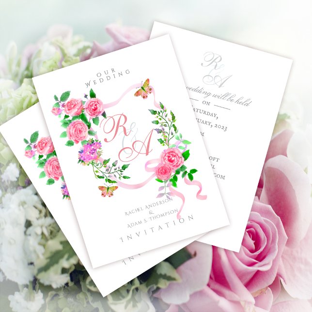 Faire-part de mariage à monogramme ruban rose rose (Elegant Pink Rose Ribbon Monogram Invitation Card.)