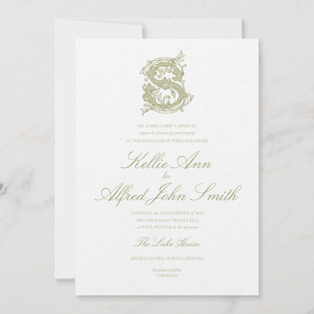 Faire-part de mariage à monogramme "S" vert olive (Devant)