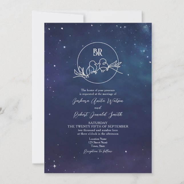 Faire-part de mariage à monogramme sous une nuit é (Devant)