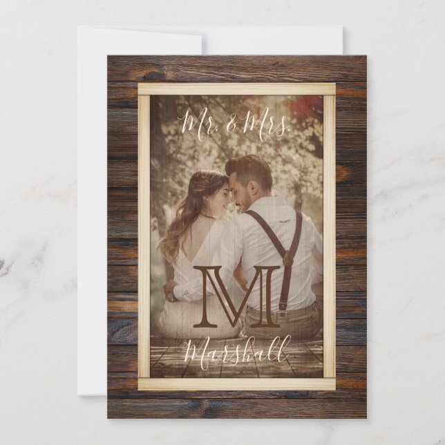 Faire-part de mariage à monogramme ton bois rustiq (Devant)