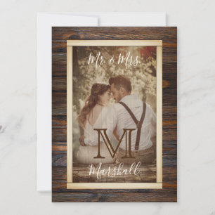 Faire-part de mariage à monogramme ton bois rustiq