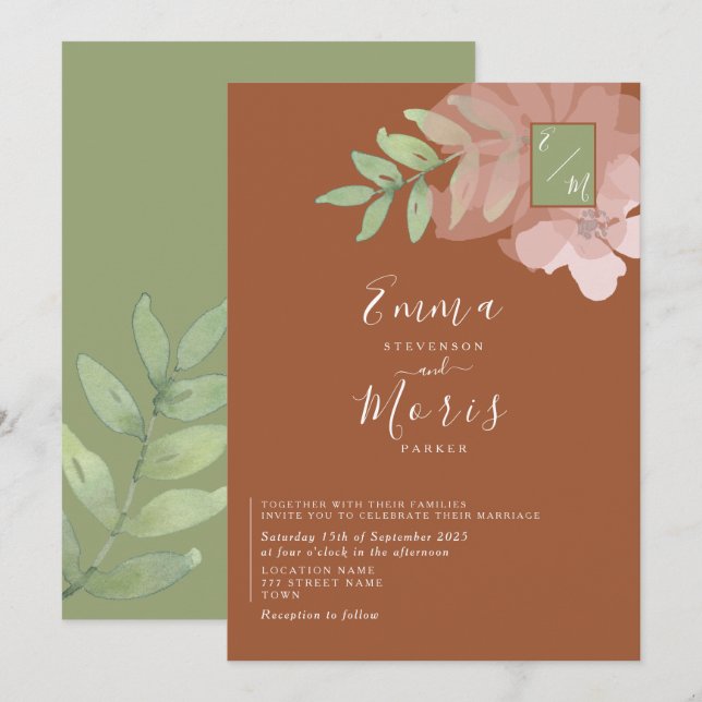 Faire-part de mariage à monogramme vert sauge oran (Devant / Derrière)