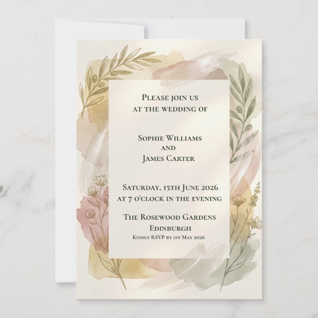 Faire-part de mariage à motif botanique pastel (Devant)