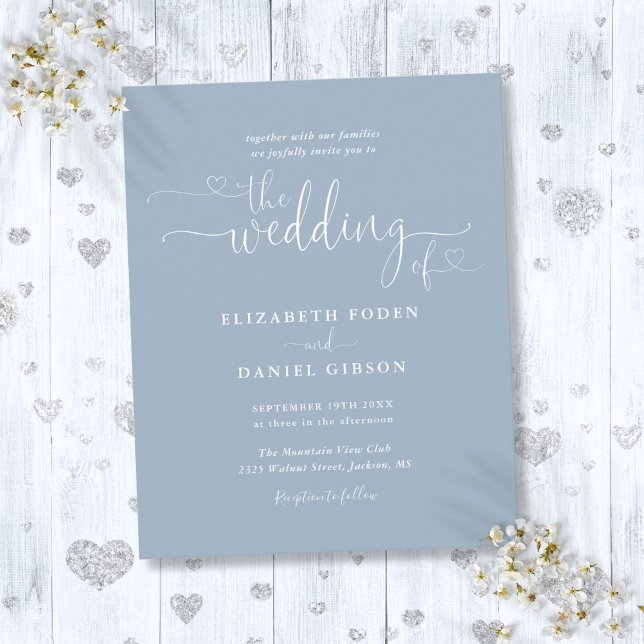 Faire-part de mariage à motif de coeurs bleu pouss (Budget Dusty Blue Hearts Script Wedding Invite)