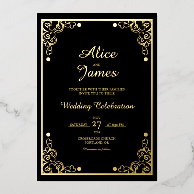 Faire-part de mariage à motif de feuille d'or noir (Recto)