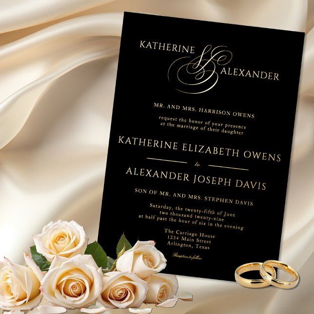 Faire-part de mariage à motif de feuille d'or noir (Créateur téléchargé)