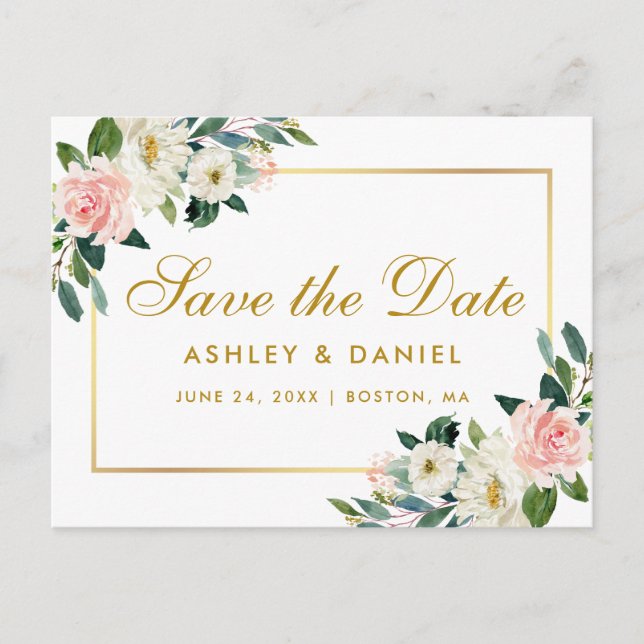 Faire-part de mariage à motif floral rose en aquar (Devant)