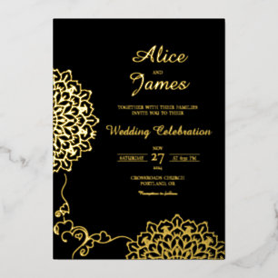 Faire-part de mariage à motif mandala noir et feui
