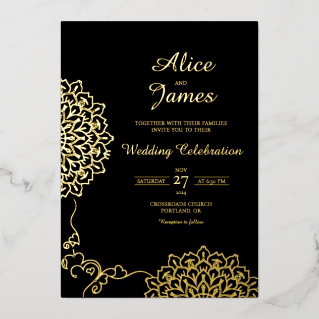 Faire-part de mariage à motif mandala noir et feui (Recto)