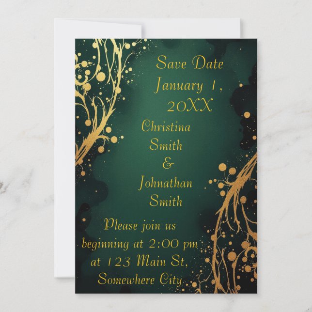 Faire-part de mariage à motif vert et or élégant (Devant)