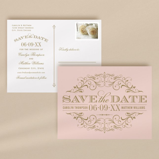 Faire-part de mariage à motifs dorés et rose poudr (Créateur téléchargé)