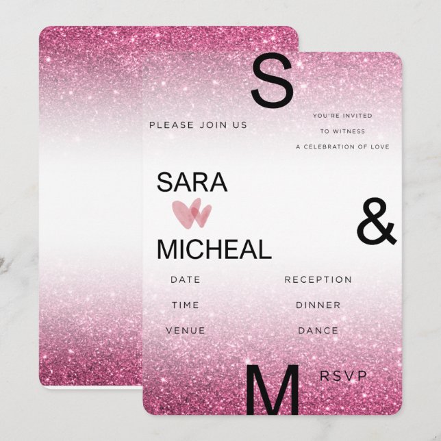 Faire-part de mariage à paillettes roses – Minimal (Devant / Derrière)