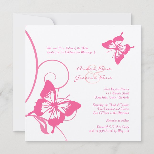 Faire-part de mariage à papillon rose et blanc (Devant)