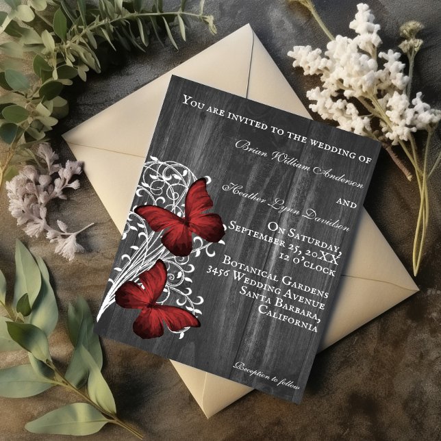 Faire-part de mariage à papillon rustique rouge (Red Rustic Butterfly Wedding Invitation)