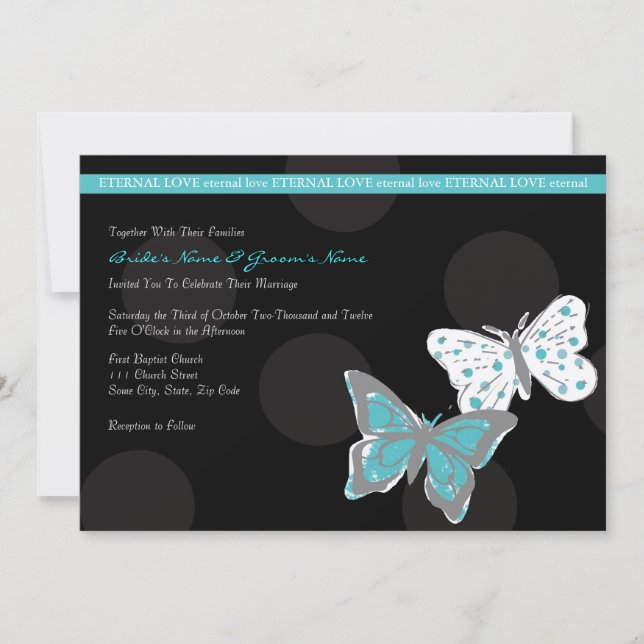 Faire-part de mariage à papillon Turquoise et noir (Devant)