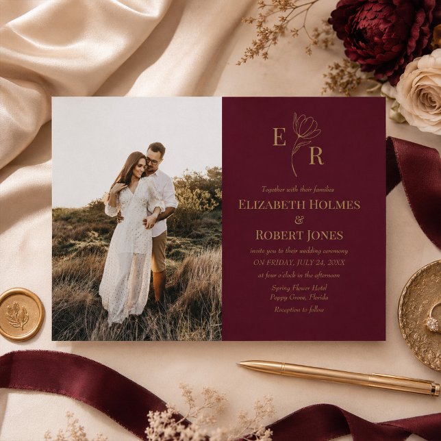 Faire-part de mariage à personnaliser avec photo e (Burgundy Floral Monogram Photo Save the Date Invitation on a table with elegant wedding decor)