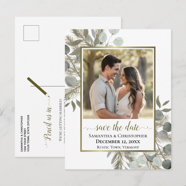 Faire-part de mariage à photo avec eucalyptus et p (Devant / Derrière)