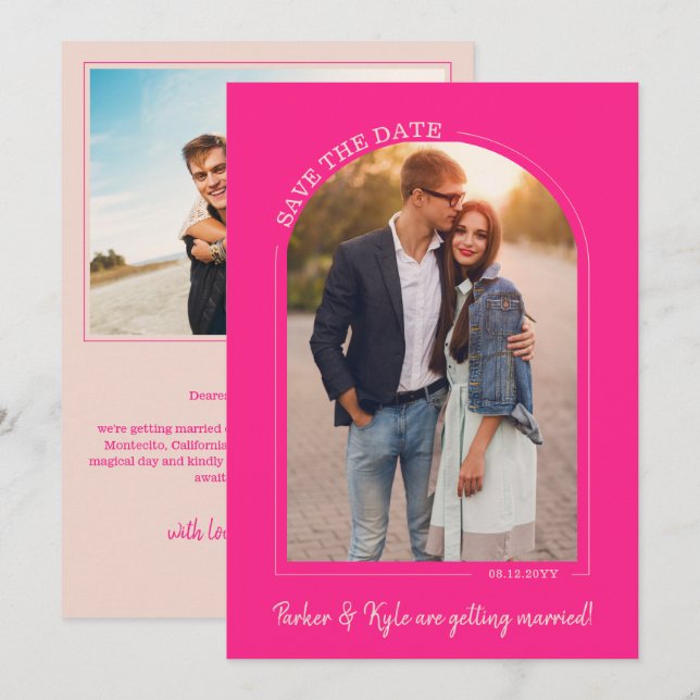 Faire-part de mariage à photo d'arch en rose chaud (Devant / Derrière)