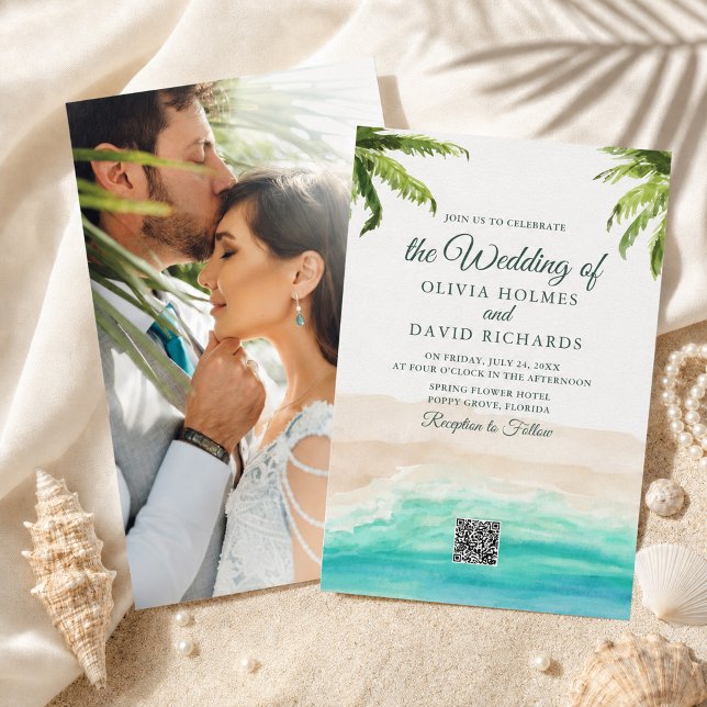 Faire-part de mariage à photo et code QR de plage  (Watercolor Beach Photo & QR Code Wedding Invitation)