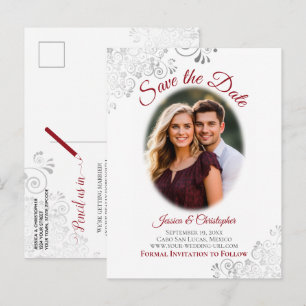 Faire-part de mariage à photo rouge et dentelle ar