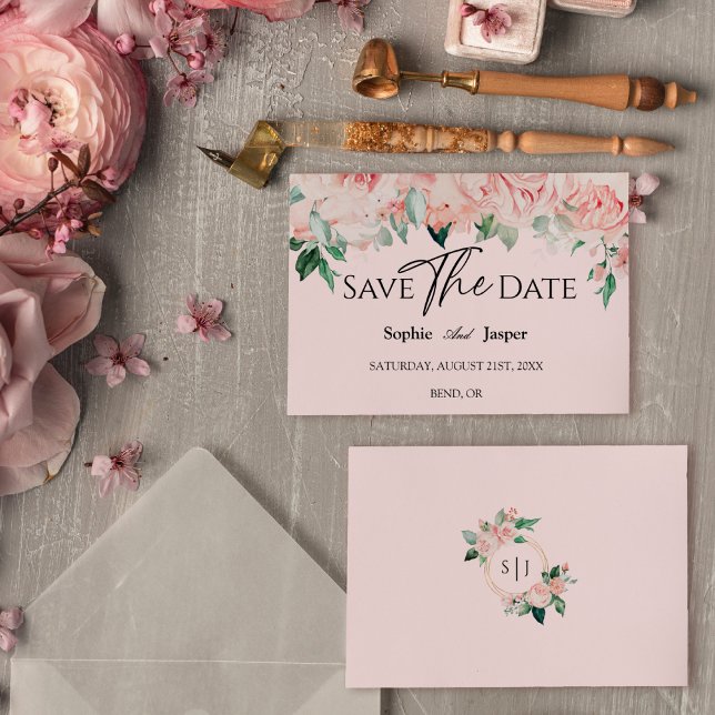 Faire-part de mariage à plat rose floral à conserv (Créateur téléchargé)