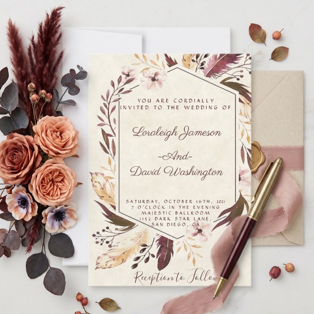Faire-part de mariage à plumes boho (Créateur téléchargé)