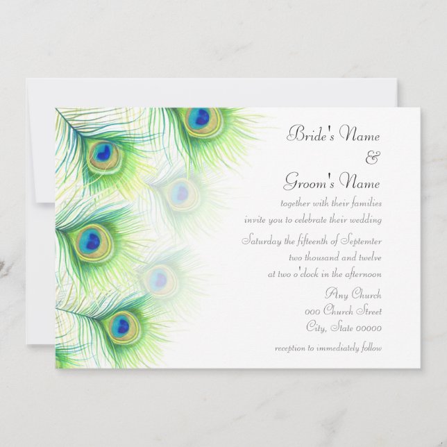 Faire-part de mariage à plumes de paon peintes à l (Devant)