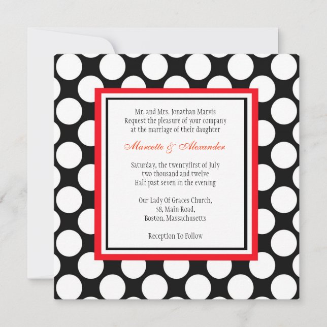 Faire-part de mariage à points polka rouge et noir (Devant)