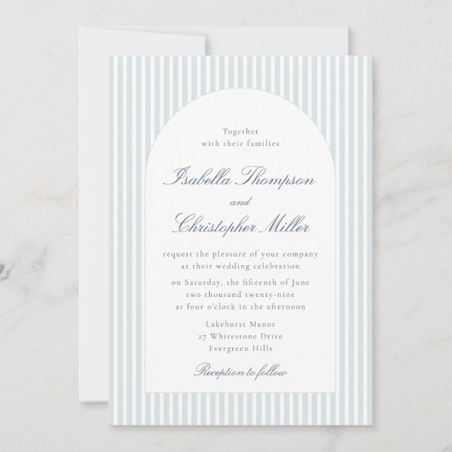 Faire-part de mariage à rayures bleu clair et arch (Devant)