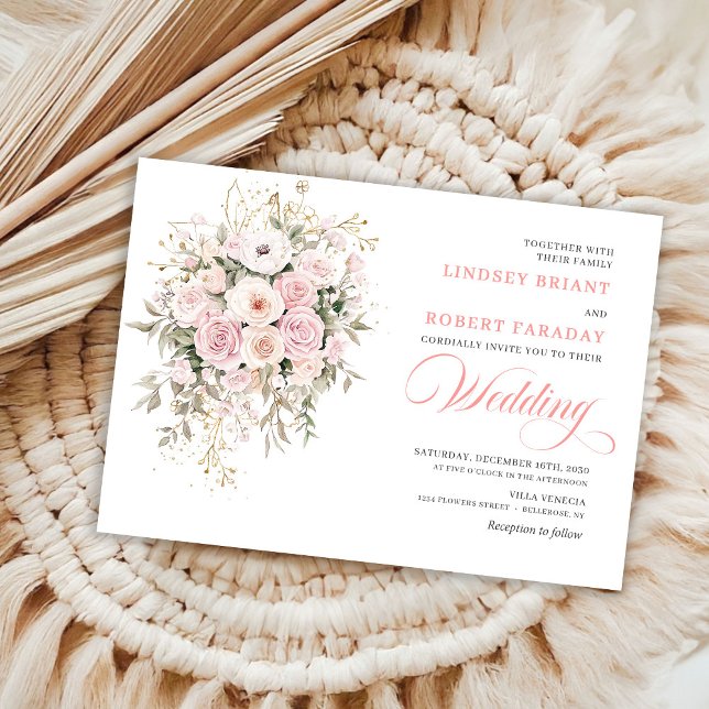 Faire-part de mariage à roses rouges et verdure te (Trendy Blush Roses Greenery Wedding Invite)