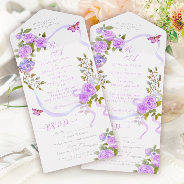 Faire-part de mariage à ruban de rose violet avec  (Purple  Rose Ribbon Monogram Wedding Invitation)