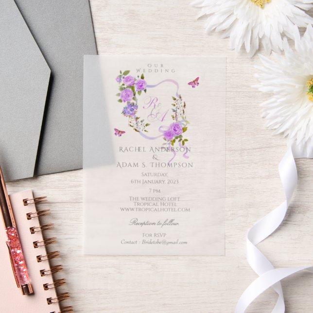 Faire-part de mariage à ruban de rose violet avec  (Mariage)