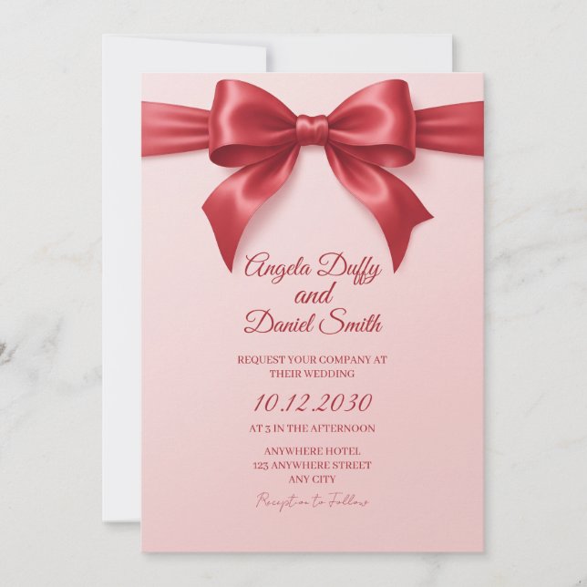 Faire-part de mariage à ruban de satin rose (Devant)