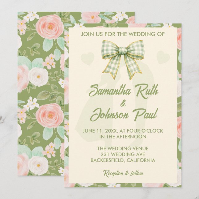 Faire-part de mariage à ruban gingham vert fleur s (Devant / Derrière)