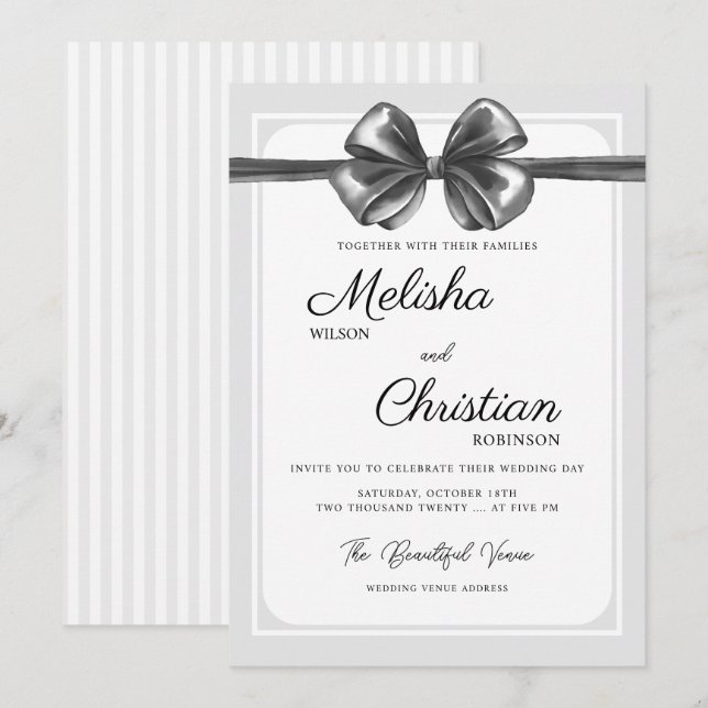 Faire-part de mariage à ruban noir luxueux. (Devant / Derrière)