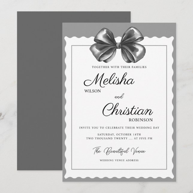 Faire-part de mariage à ruban noir luxueux. (Devant / Derrière)