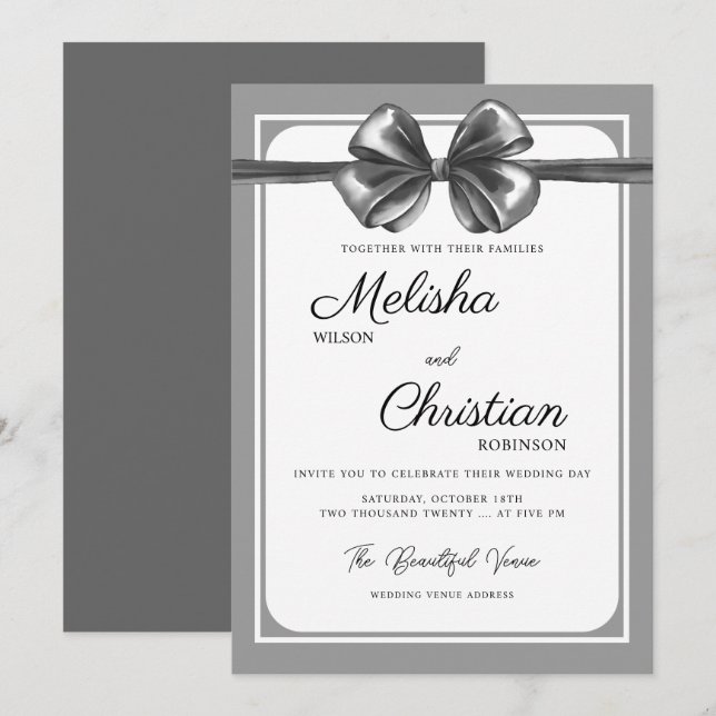 Faire-part de mariage à ruban noir luxueux. (Devant / Derrière)