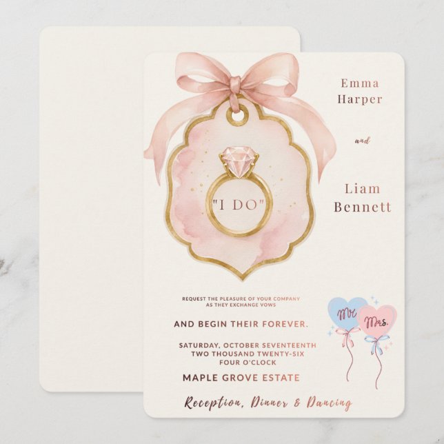 Faire-part de mariage à ruban rose élégant | Modif (Devant / Derrière)