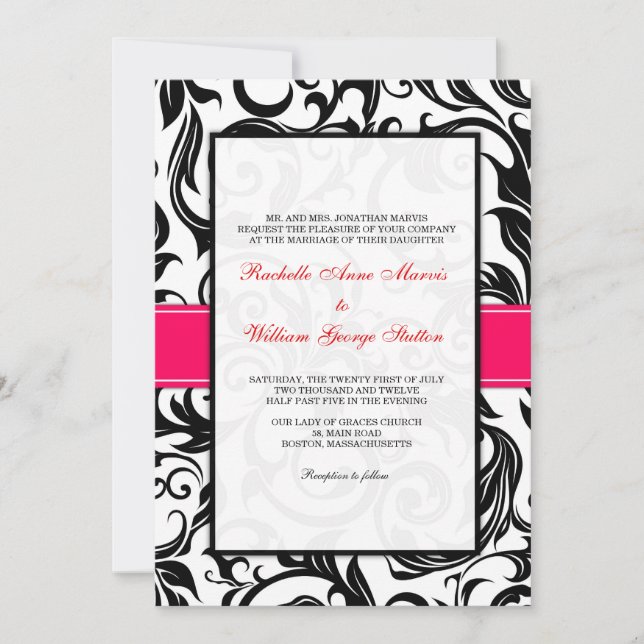Faire-part de mariage à spirale noire et rose (Devant)