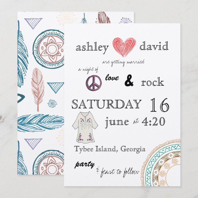 faire-part de mariage à thème des années 1970 (Devant / Derrière)