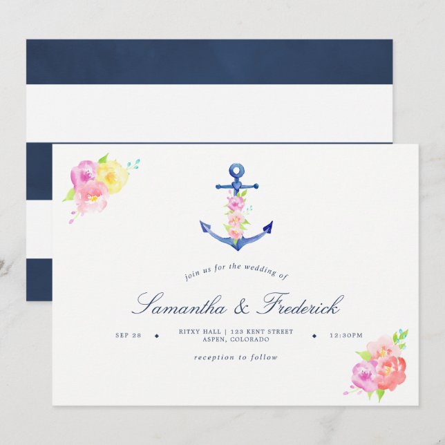 Faire-part de mariage à thème nautique à l'aquarel (Devant / Derrière)