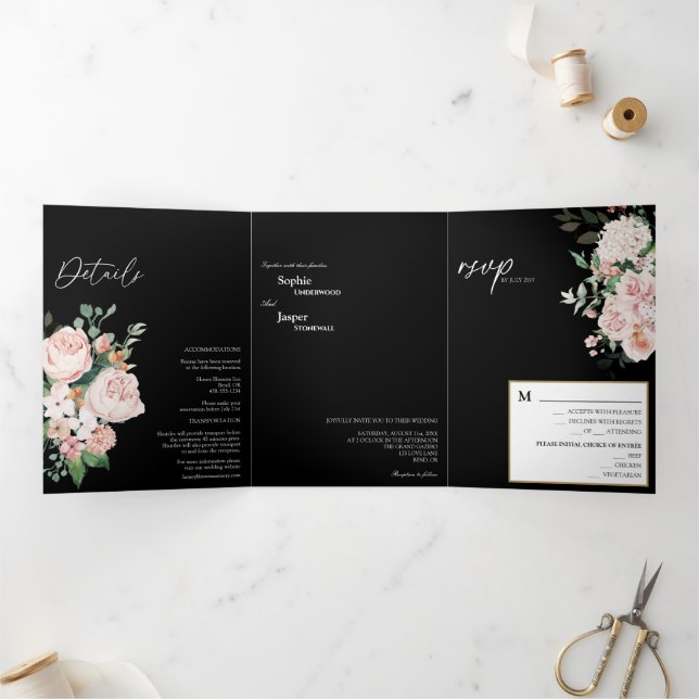 Faire-part de mariage à trois volets noir flou (Intérieur)